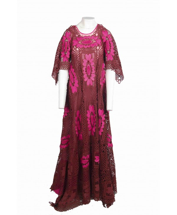 pink boutique red lace dress Cutwork Lace Belted Tiered Maxi Dress in Pink